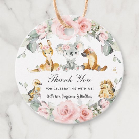 かわいいオーストラリアの動物ピンクのフローラ緑 フェイバータグ (正面)