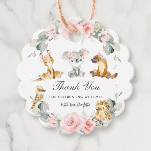 かわいいオーストラリアの動物ピンクのフローラ緑 フェイバータグ (正面)