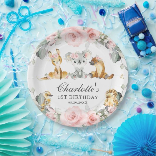 かわいいオーストラリアの動物ピンクのフローラ緑 ペーパープレート (パーティー)