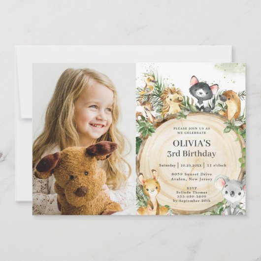 かわいいオーストラリアの動物素朴の木の誕生日写真 招待状 (正面)