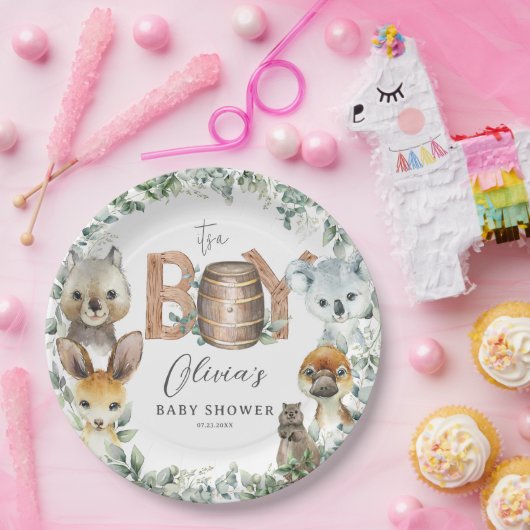 かわいいオーストラリアの動物緑の少年の赤ちゃんシャワー ペーパープレート (パーティー)