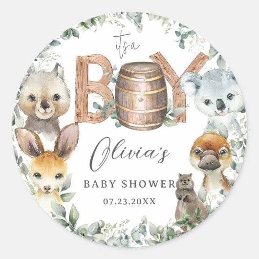 かわいいオーストラリアの動物緑の少年の赤ちゃんシャワー ラウンドシール (正面)