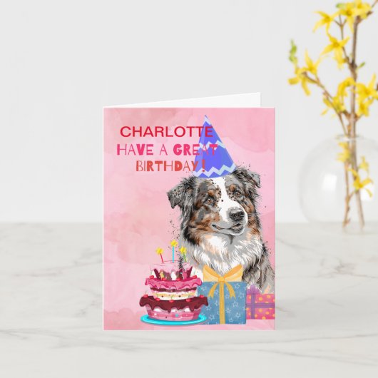 かわいいオーストラリアの羊飼いケーキ誕生日 カード (黄色い花)