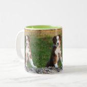 かわいいオーストラリアの羊飼い犬の子犬の写真のポートレート ツートーンマグカップ (正面左)