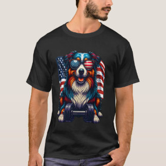 かわいいオーストラリアンシェパードのボディビルダーアメリカ国旗 Tシャツ