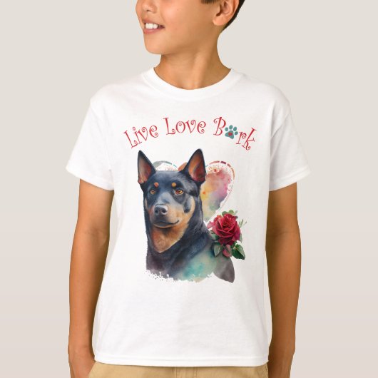 かわいいオーストラリアン・ケルピー犬の花柄 Tシャツ (正面)