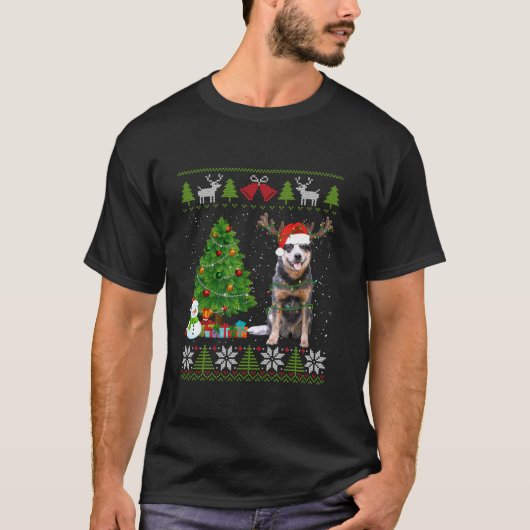 かわいいオーストラリア牛の犬サンタ帽子の醜いセーター Tシャツ (正面)