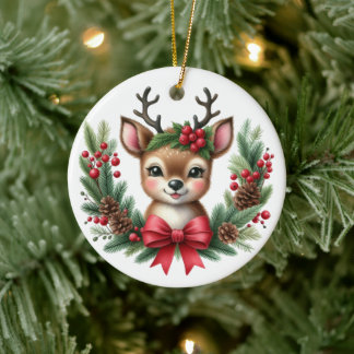 かわいいオーダーメイドのシカのクリスマスリース セラミックオーナメント