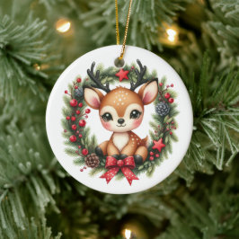 かわいいオーダーメイドのシカのクリスマスリース セラミックオーナメント