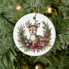 かわいいオーダーメイドのシカのクリスマスリース セラミックオーナメント