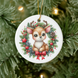 かわいいオーダーメイドのシカのクリスマスリース セラミックオーナメント