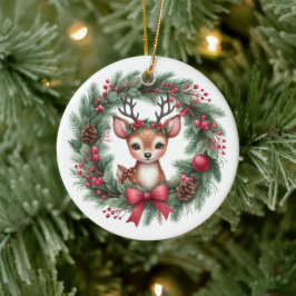 かわいいオーダーメイドのシカのクリスマスリース セラミックオーナメント