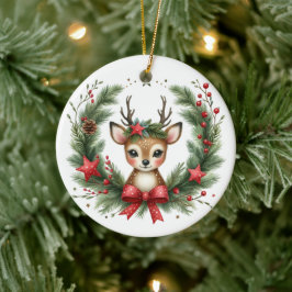 かわいいオーダーメイドのシカのクリスマスリース セラミックオーナメント