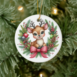 かわいいオーダーメイドのシカのクリスマスリース セラミックオーナメント