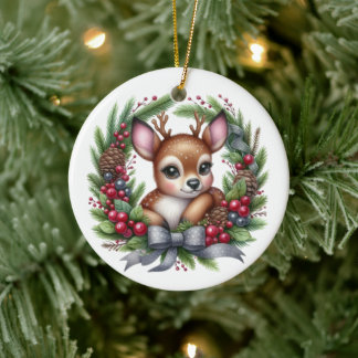 かわいいオーダーメイドのシカのクリスマスリース セラミックオーナメント
