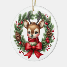 かわいいオーダーメイドのシカのクリスマスリース セラミックオーナメント