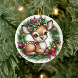 かわいいオーダーメイドのシカのクリスマスリース セラミックオーナメント