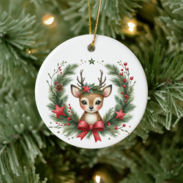 かわいいオーダーメイドのシカのクリスマスリース セラミックオーナメント