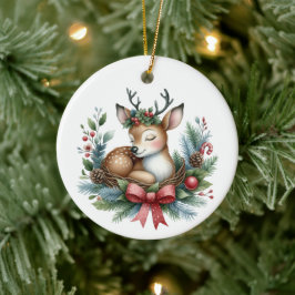 かわいいオーダーメイドのシカのクリスマスリース セラミックオーナメント
