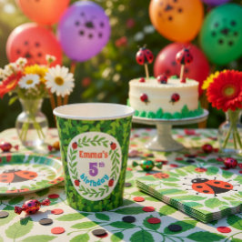 かわいいオーダーメイド てんとう虫と葉っぱの5歳の誕生日 紙コップ