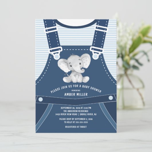 かわいいオーバーオール象ベビーシャワー招待状 招待状 (スタンド正面)