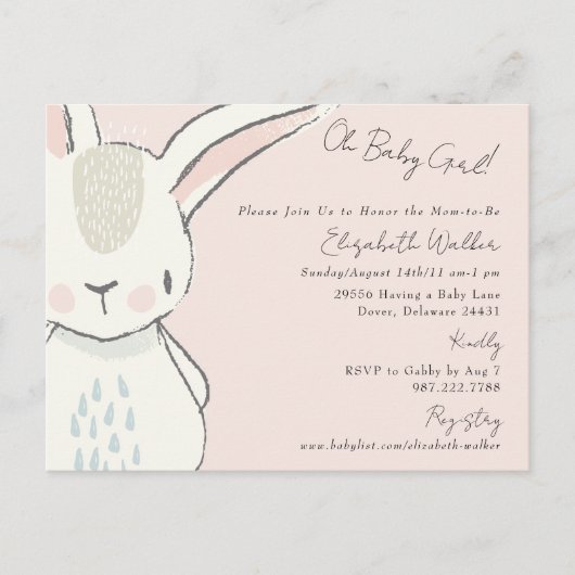 かわいいオーベビーガールバニーピンク赤ちゃんシャワー ポストカード (正面)