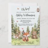 かわいいオーボーイウッドランド動物の緑の赤ちゃんシャワー 招待状 (正面)