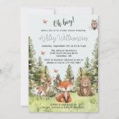 かわいいオーボーイウッドランド動物の緑の赤ちゃんシャワー 招待状 (正面)