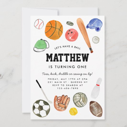 かわいいオールスタースポーツボールチームキッドボーイ誕生日 招待状 (正面)