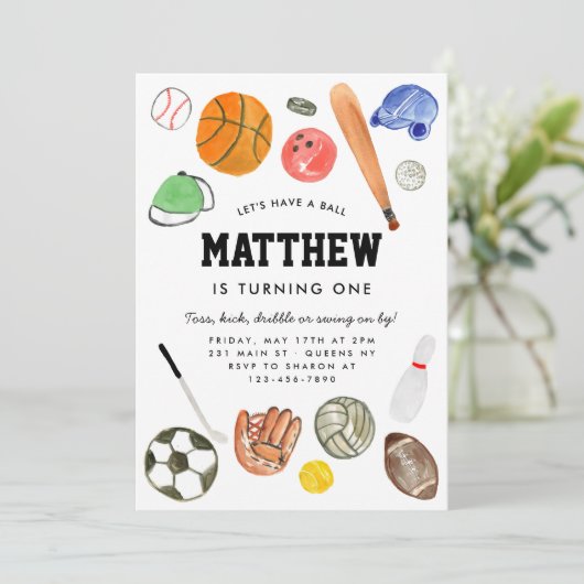 かわいいオールスタースポーツボールチームキッドボーイ誕生日 招待状 (スタンド正面)