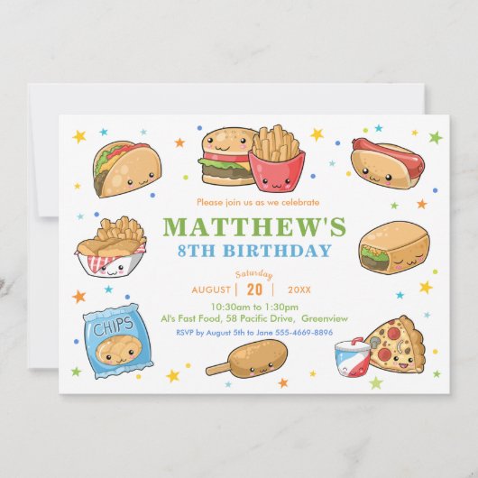 かわいいカイトファストフードパーティーボーイ誕生日 招待状 (正面)