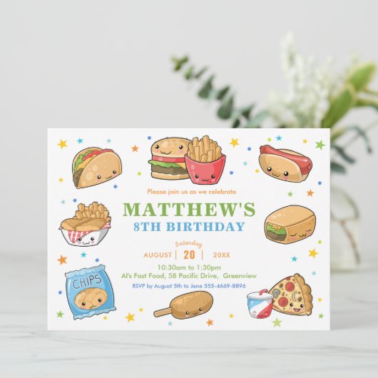 かわいいカイトファストフードパーティーボーイ誕生日 招待状 (スタンド正面)