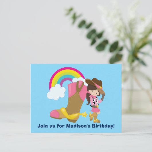 かわいいカウガールロデオの誕生日パーティーへの招待 ポストカード (スタンド正面)