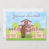 かわいいカウガール、茶色の馬とピンクの納屋の誕生日 招待状 (正面)