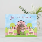 かわいいカウガール、茶色の馬とピンクの納屋の誕生日 招待状 (スタンド正面)