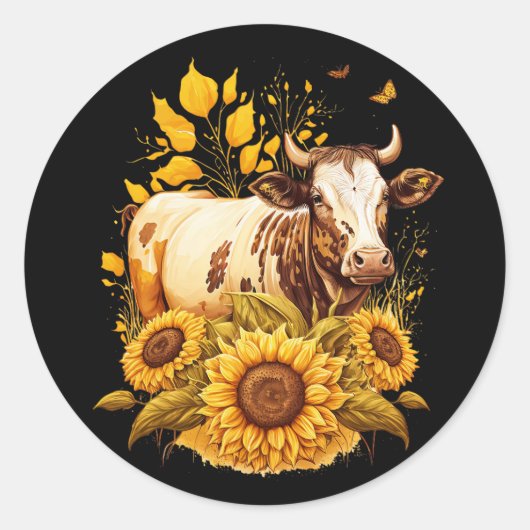 かわいいカウヒマワリラバースケッチアート ラウンドシール (正面)