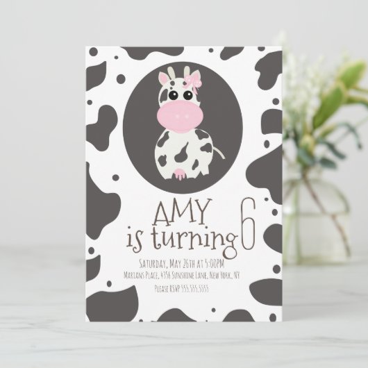 かわいいカウピンクボウ誕生日パーティー 招待状 (スタンド正面)