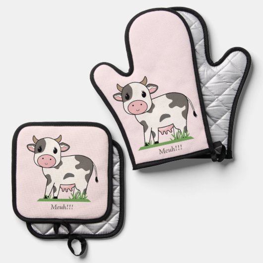 かわいいカウピンク 鍋つかみ&鍋敷きセット (正面/裏面)