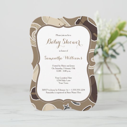 かわいいカウボーイのテーマのベビーシャワーの招待ブラウン 招待状 (スタンド正面)