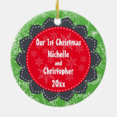 かわいいカウボーイサンタとミセス条項1stクリスマス セラミックオーナメント (裏面)