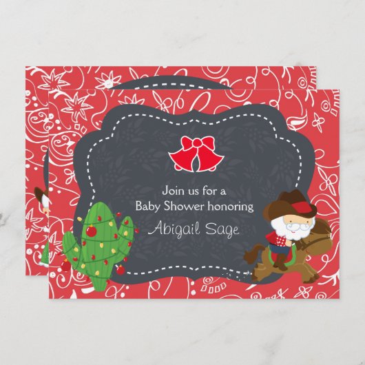 かわいいカウボーイサンタと馬の休日ベビーシャワー 招待状 (正面/裏面)