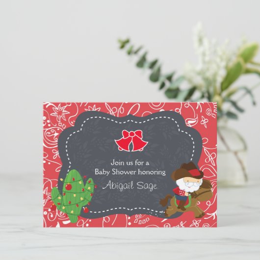 かわいいカウボーイサンタと馬の休日ベビーシャワー 招待状 (スタンド正面)
