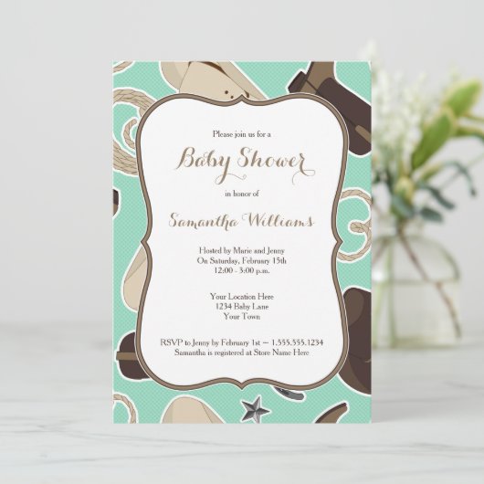かわいいカウボーイテーマベビーシャワー招待状ミントブラウン 招待状 (スタンド正面)