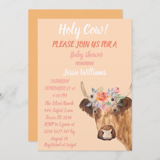 かわいいカウボーホカントリーベビーガールウェスタンフローライン 招待状 (正面/裏面)