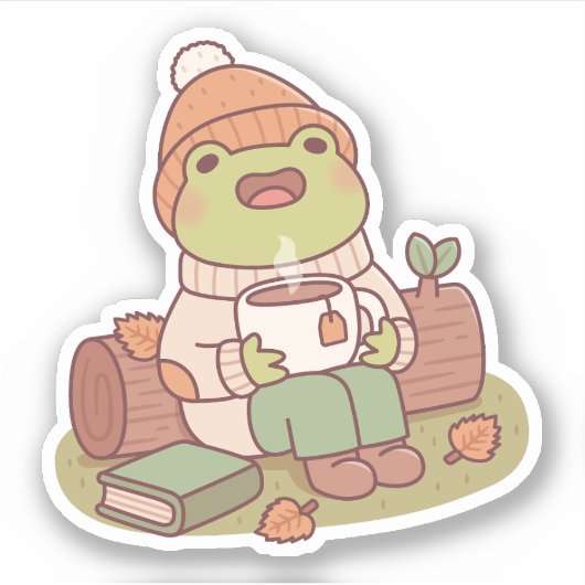 かわいいカエルお豆と熱いお茶の秋の季節 シール (正面)