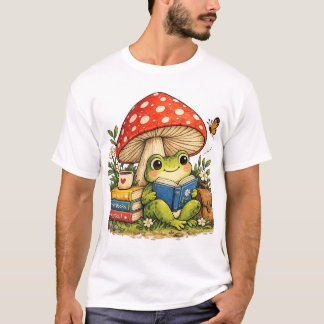 かわいいカエルがキノコの下で読書をする 本の好きな人へのデザイン Tシャツ