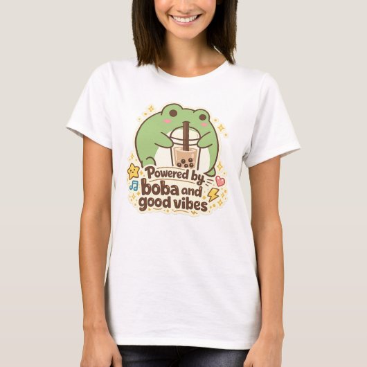 かわいいカエルがバブルティーを飲む Tシャツ (正面)
