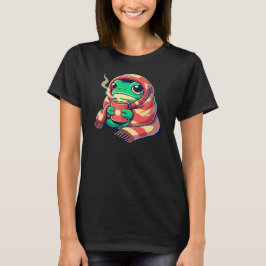かわいいカエルがホットドリンクとあったかブランケットに包まれたアート Tシャツ