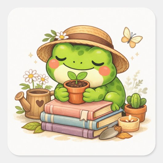かわいいカエルが植木鉢を持つ スクエアシール (正面)
