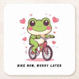 かわいいカエルが自転車に乗る | 面白いカエル好きへのギフト スクエアペーパーコースター
